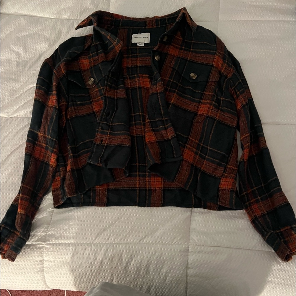 American Eagle orange and green cropped flannel